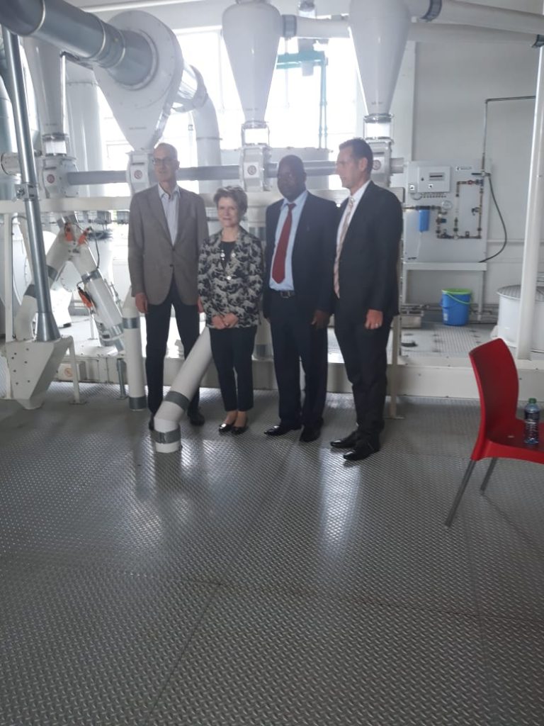 The Swiss Ambassador to Kenya Dr. Ralf, Swiss Minister for Economic Affairs Marie Gabrellie, Deputy Director TVET Stanley Maindi &  Head of Buhler East Africa Mathias Grabe during a visit of the Swiss Trade Delegation to the African Milling School in Ruiru on 13/11/2019