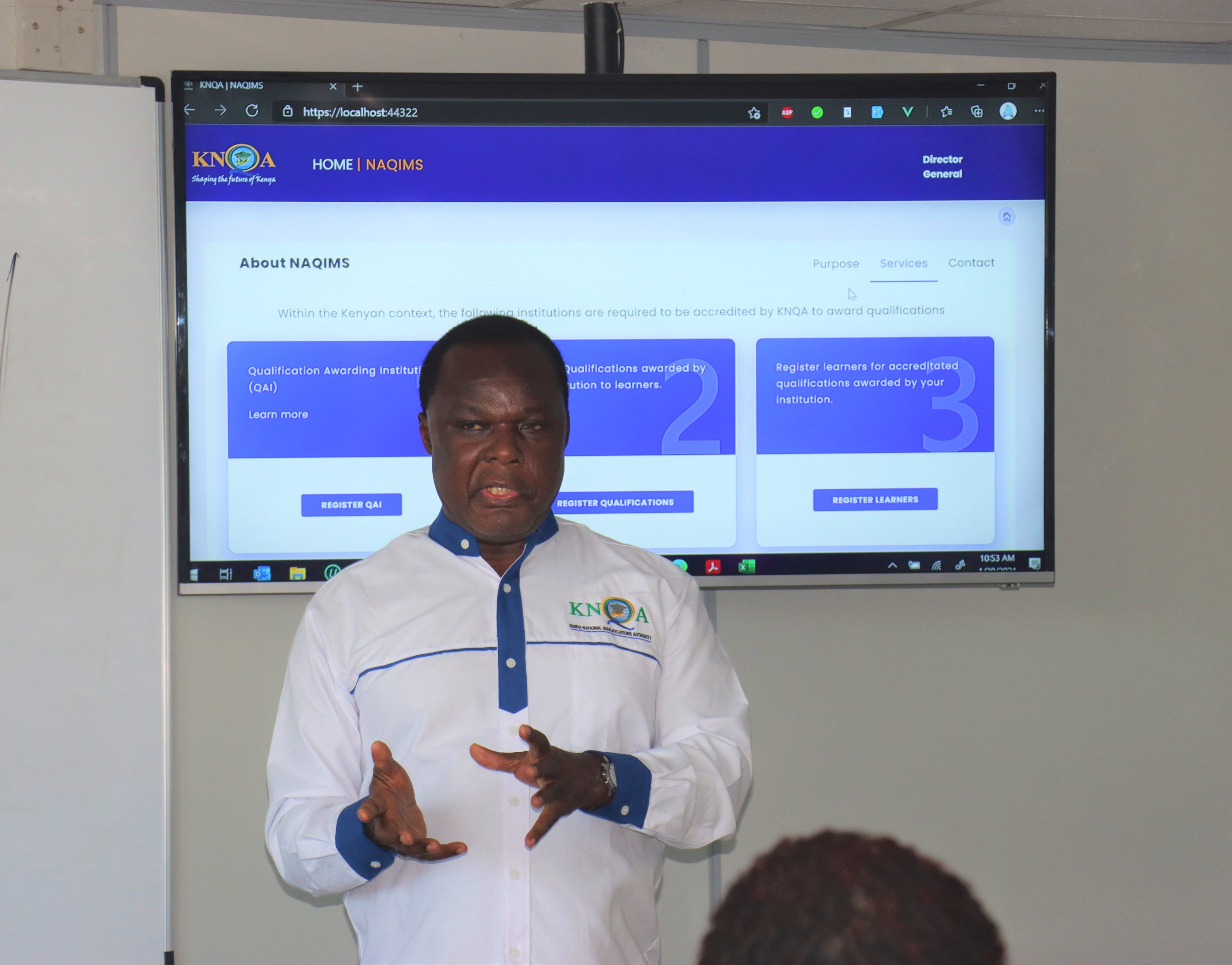 KNQA Director-General, Dr. Juma Mukhwana addresses KNQA staffers during a training session on the National Qualifications Information Management System (NAQIMS) at  @TechnoBrainLtd  offices in Nairobi.
