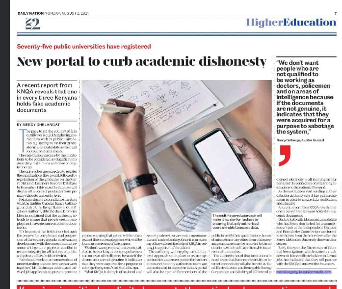 A new portal to curb fake certificates in Kenya. The KNQA reports that one in every three Kenyans holds fake academic documents