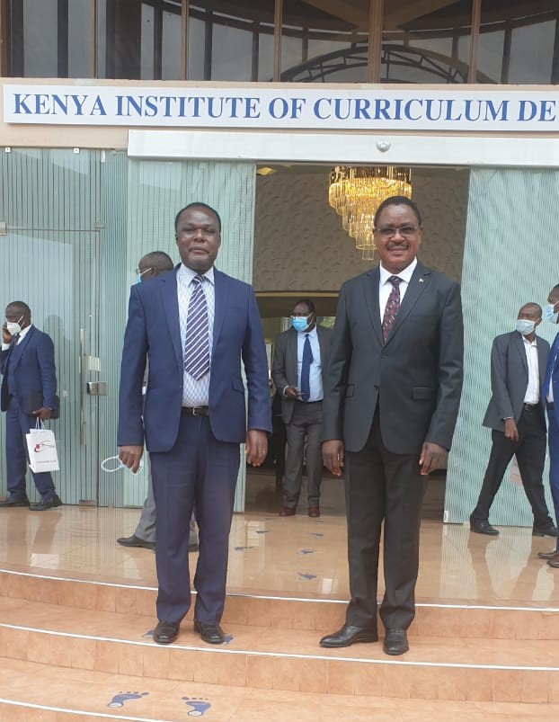 Dr Juma Mukhwana the DG of the KNQA and Amb. Simon Nabukwesi PS Research and University Education in the Ministry of Education today at the KICD during the launching of Placement of 2021 students into universities and TVET institutions for study.