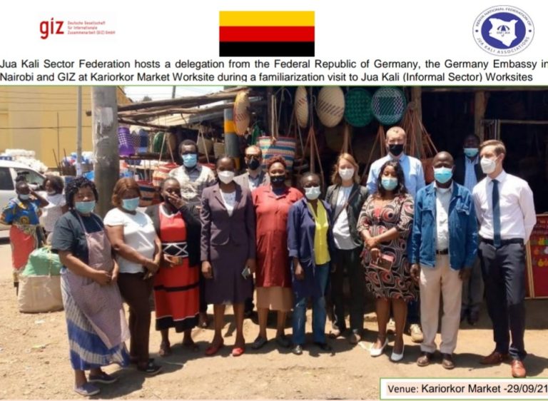 Jua Kali Sector Federation hosts a delegation from the Federal Republic of Germany, the Germany Embassy in Nairobi and GIZ at Kariorkor Market Worksite during a familiarization visit to Jua Kali (Informal Sector) Worksites Richard Muteti CEO-National Federation of Jua Kali Associations