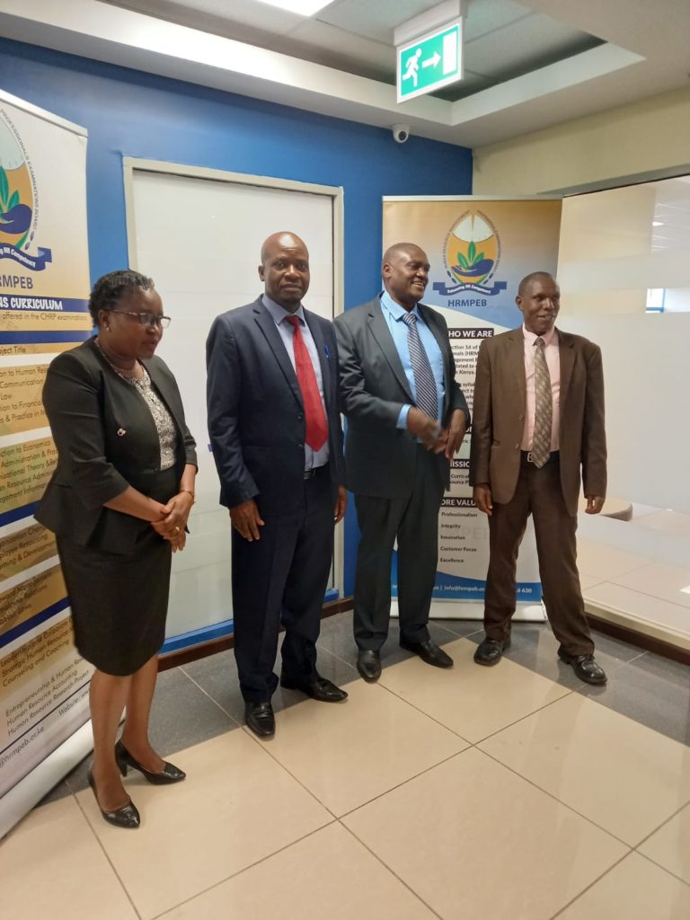 KNQA Director Technical Services S. Maindi(2nd L) & HOD Registration, Accreditation & Documentation J.Tegeret(R) with HRMPEB CEO Dr.Douglas Ogolla(2nd R) & Manager Examinations Jane Wanyoike(L) during the opening of a joined meeting on Accreditation of HRMPEB as a QAI and her qualifications