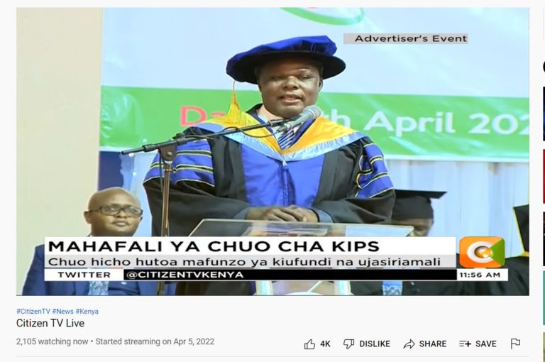 DG KNQA Dr. Juma Mukhwana  was today the chief guest at the graduation ceremony to award Diplomas and Certificates to 1,150 graduates of KIPS Technical College in Nairobi.