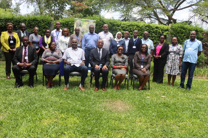 KNQA Council Chairperson Hon. Stanley Kiptis with Ag. Director General Dr. Alice Kande in a group photo alongside officials from the State Department for TVET during the 2nd review Workshop to finalize the Kenya Credit Accumulation and Transfer (KCAT) System policy.