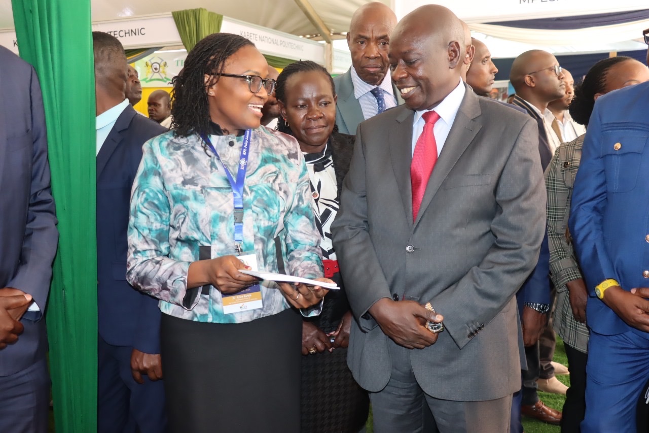 Deputy President Rigathi Gachagua, Education CS Hon. Ezekiel Machogu, PS TVET Dr. Esther Muoria and KNQA Ag. CEO Dr. Alice Kande at the KNQA exhibition booth during the RPL Launch ceremony