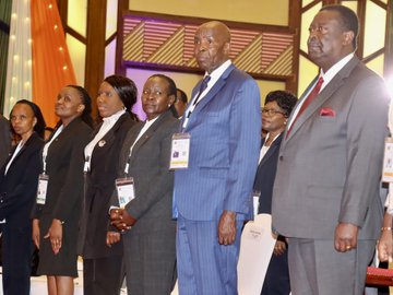 Prime CS Hon. Musalia Mudavadi (from right), CS Education Hon. Ezekiel Machogu, PS TVET Dr. Esther Muoria, PS Higher Education Dr. Beatrice Inyangala, KNQA Director General Dr. Alice Kande and KUCCPS CEO Dr. Mercy Wahome during the opening ceremony of the PASET Conference.